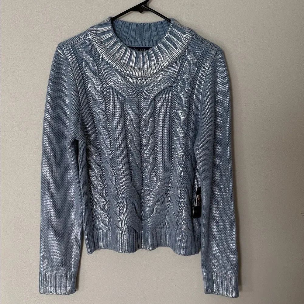 RACHEL Rachel Roy Metallic Blue Cable Knit Sweater